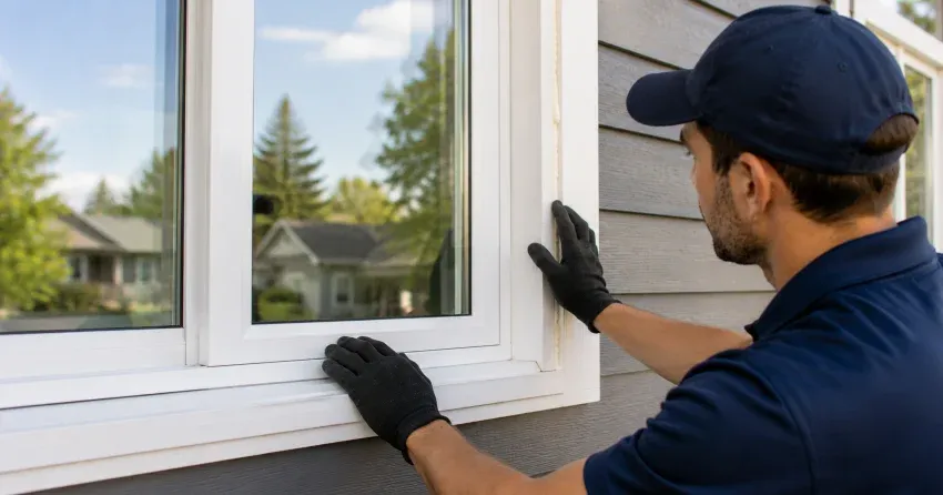 technician comparing full-frame and retrofit window replacement options in Port Colborne