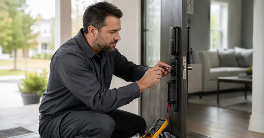 technician diagnosing automatic door lock mechanism on residential door in Downtown Port Colborne, Port Colborne