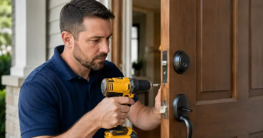 technician installing a new deadbolt during Change Door Lock Cedar Bay, Port Colborne service