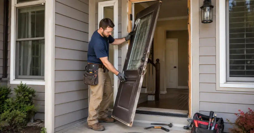 old exterior door being removed for replacement in Echo Beach, Port Colborne