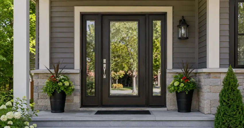 glass entry door with sidelights on a home in Gasline, Port Colborne