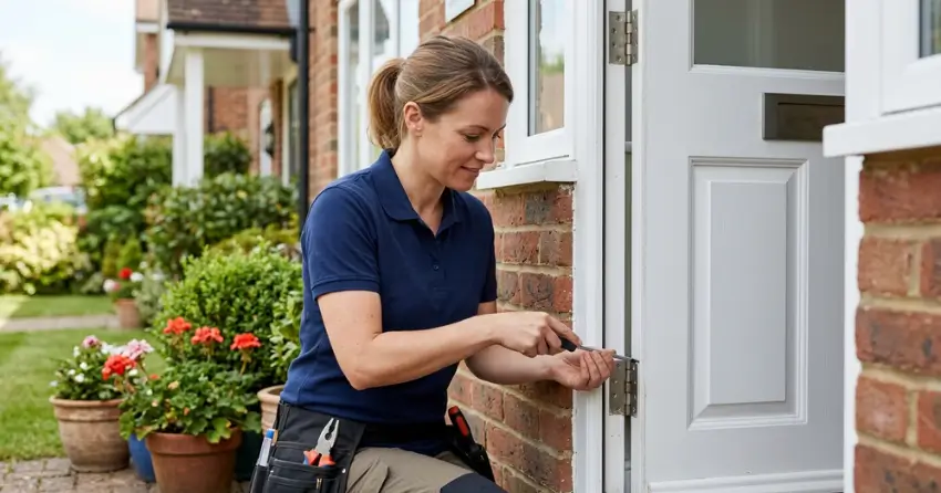 technician repairing exterior door hinge and frame in Humberstone, Port Colborne
