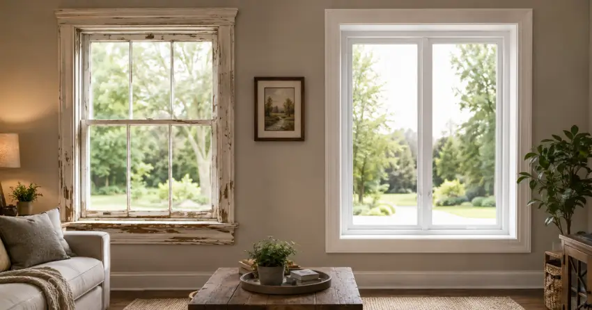 side by side comparison of old and new window in Port Colborne