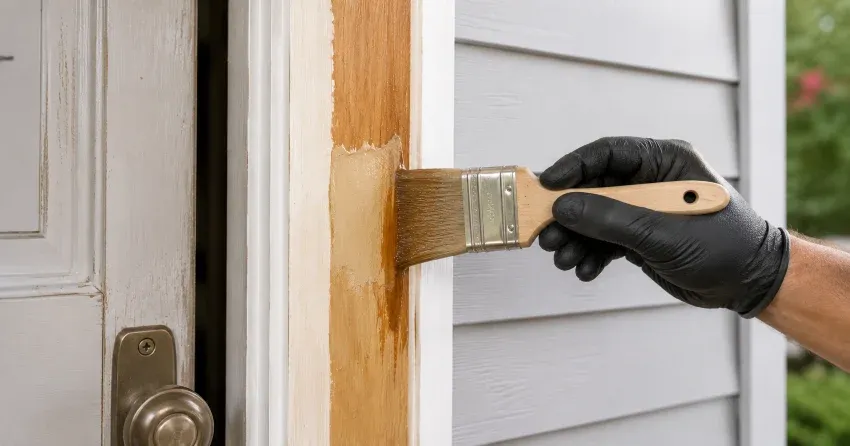 technician probing rotted wood on a door frame in Downtown Port Colborne, Port Colborne