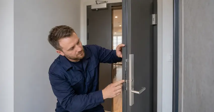 technician inspecting fire-rated door seal and hardware in Sherkston, Port Colborne