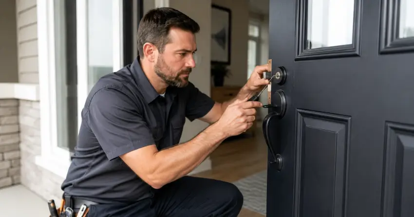 licensed locksmith technician working on residential deadbolt in Port Colborne