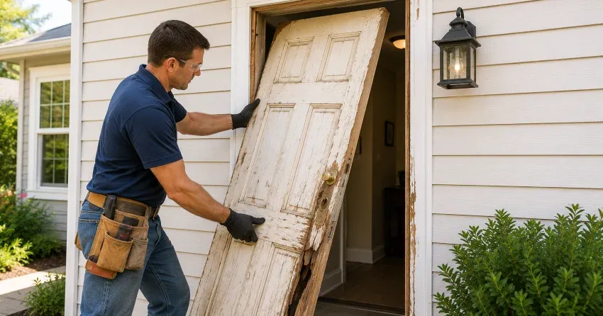 warped exterior door frame showing weather damage in Port Colborne
